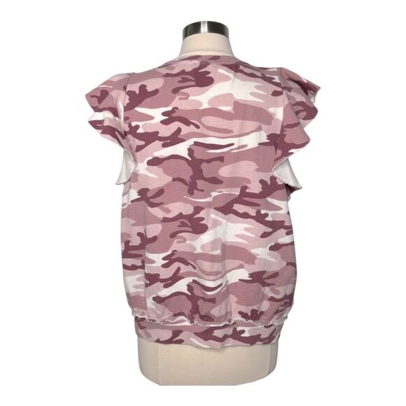 Anthropologie T. La Sleeveless Ruffle Sweatshirt Rose Camo Print XL NWT - Picture 4 of 15